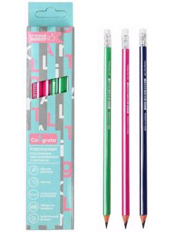 Карандаш чернографитный (простой) НB, Calligrata, заточенный, пластик, трехгранный с полоской, с резинкой, микс