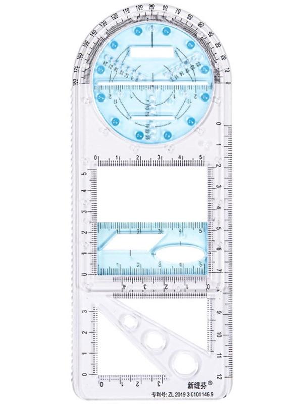 Линейка-трафарет, пластик, с транспортиром, для черчения фигур