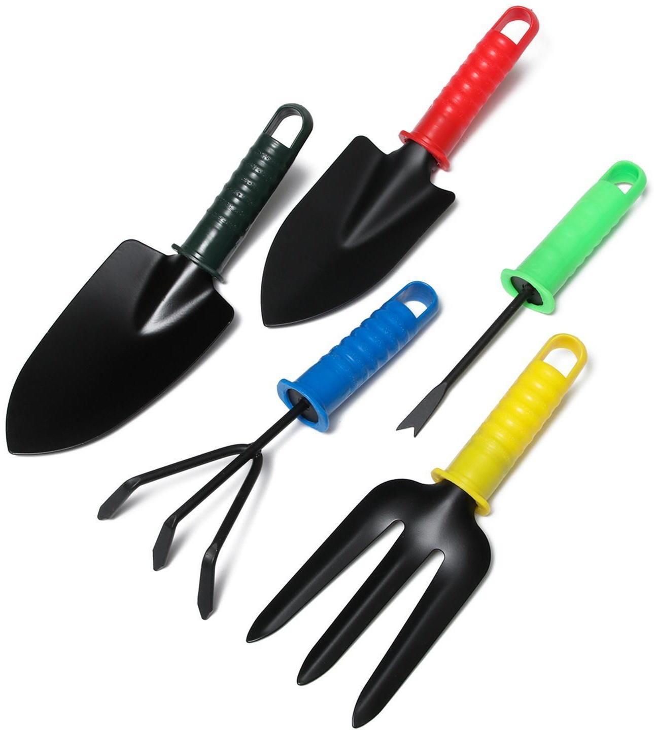Набор садового инструмента, 5 предметов: 2 совка, рыхлитель, вилка, корнеудалитель, длина 27 см, пластиковые ручки, цвет МИКС