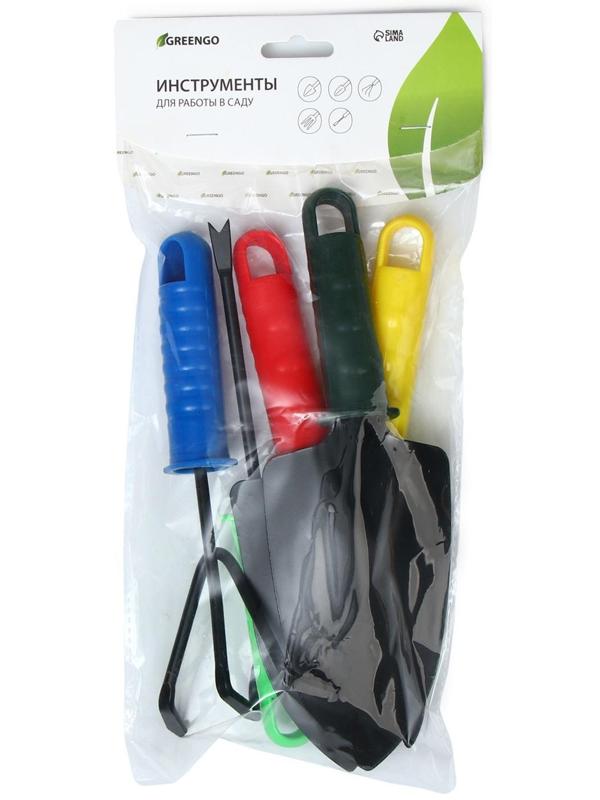Набор садового инструмента, 5 предметов: 2 совка, рыхлитель, вилка, корнеудалитель, длина 27 см, пластиковые ручки, цвет МИКС