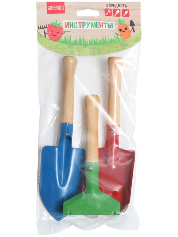 Набор садового инструмента, 3 предмета: грабли, совок, лопатка, длина 20 см, деревянная ручка