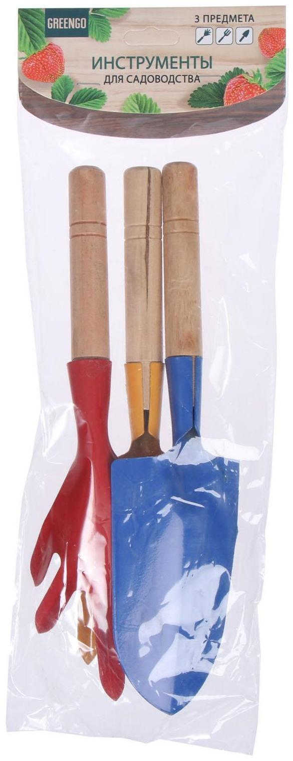 Набор садового инструмента, 3 предмета: совок, рыхлитель, вилка, длина 28 см, деревянные ручки