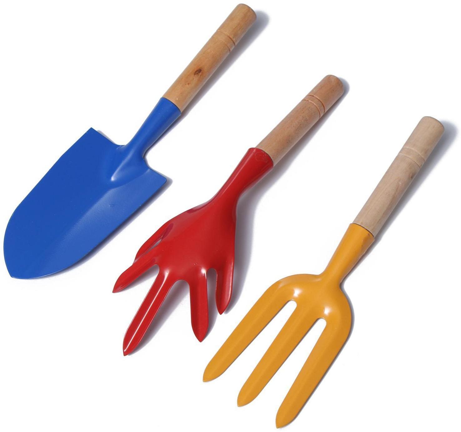 Набор садового инструмента, 3 предмета: совок, рыхлитель, вилка, длина 28 см, деревянные ручки