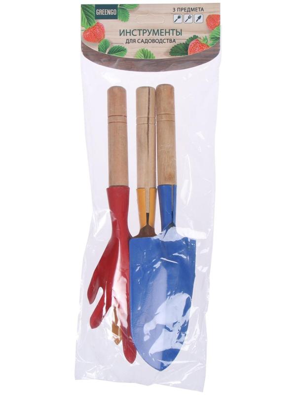 Набор садового инструмента, 3 предмета: совок, рыхлитель, вилка, длина 28 см, деревянные ручки