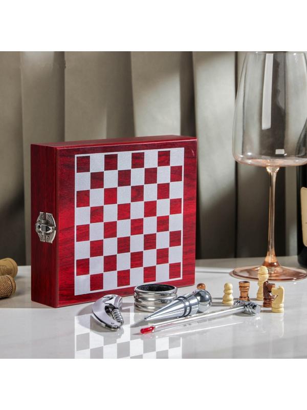 Набор для вина, 4 предмета: термометр, кольцо, открывашка, пробка, шахматы в комплекте