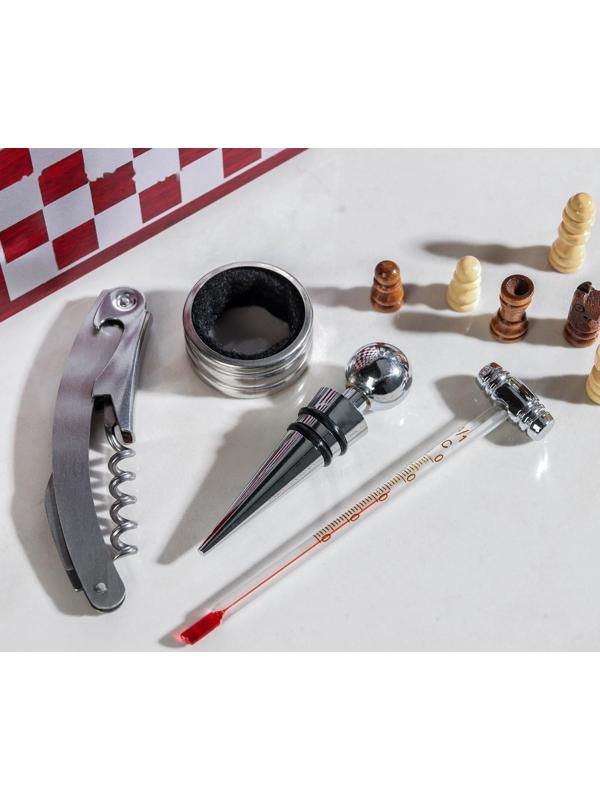 Набор для вина, 4 предмета: термометр, кольцо, открывашка, пробка, шахматы в комплекте