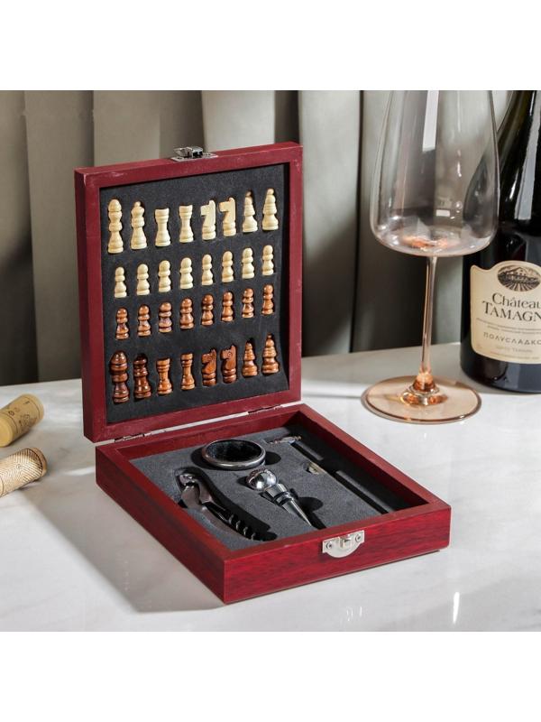 Набор для вина, 4 предмета: термометр, кольцо, открывашка, пробка, шахматы в комплекте