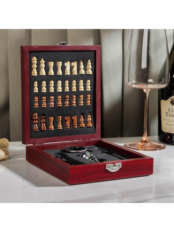 Набор для вина, 4 предмета: термометр, кольцо, открывашка, пробка, шахматы в комплекте