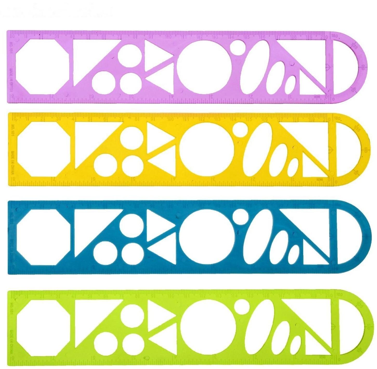 Линейка трафарет - транспортир, 3 в 1, 20 см, тонированная, флуоресцентная, МИКС