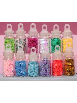 Пайетки для декора «Звёздочки, сердечки», 12 бутылочек, разноцветные