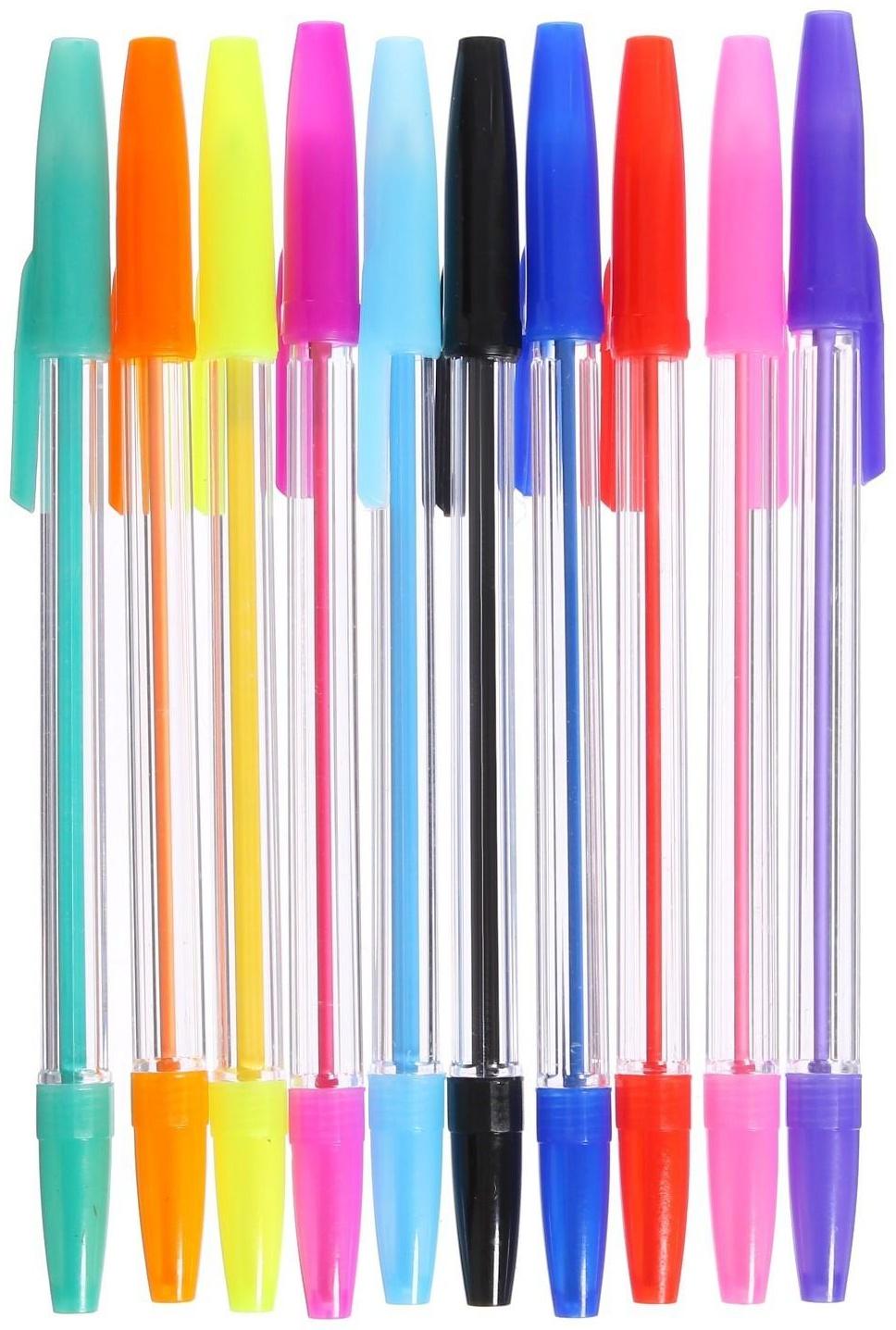 Набор ручек шариковых, 10 цветов, корпус прозрачный, с цветными колпачками