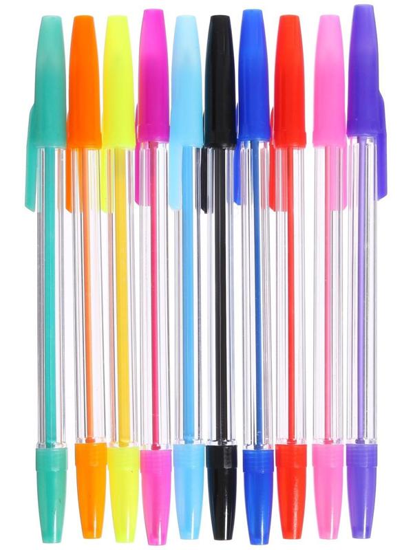 Набор ручек шариковых, 10 цветов, корпус прозрачный, с цветными колпачками