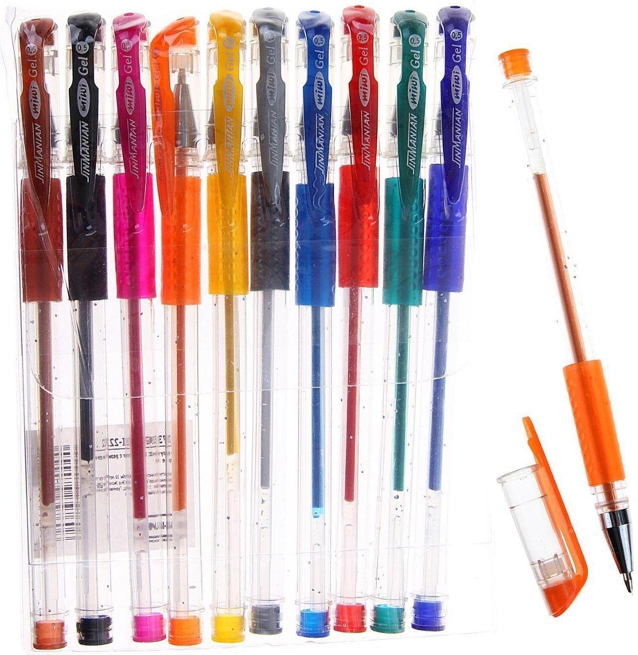 Набор гелевых ручек, 10 цветов, металлик, с блёстками, с резиновым держателем