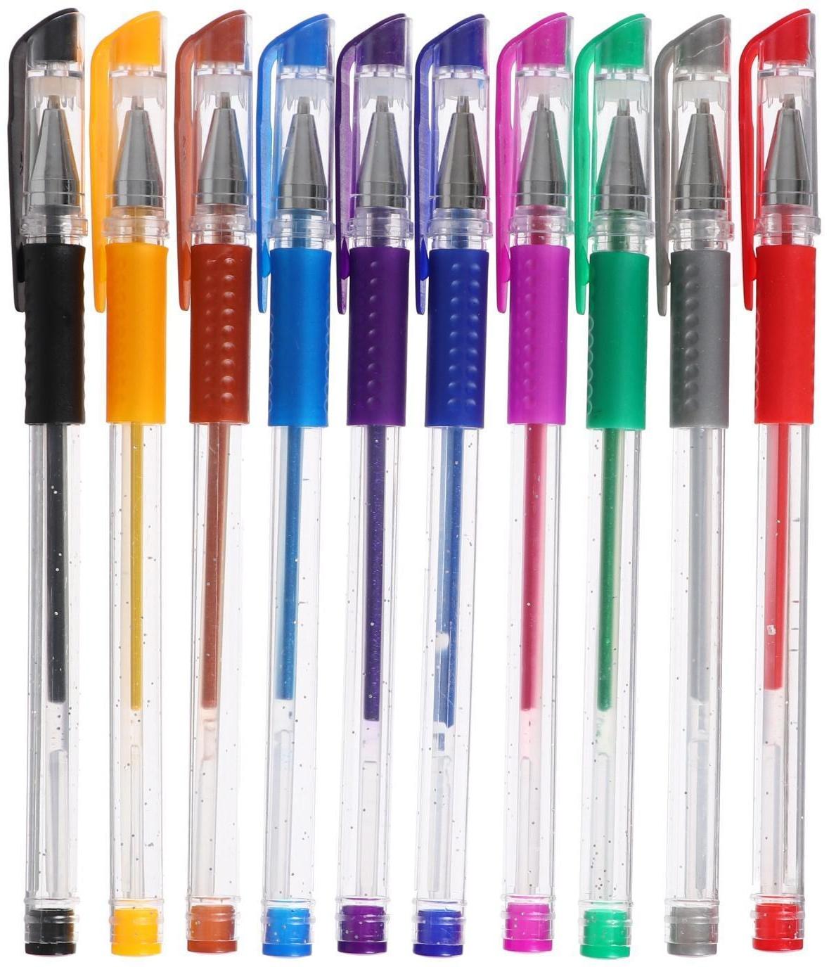 Набор гелевых ручек, 10 цветов, металлик, с блёстками, с резиновым держателем