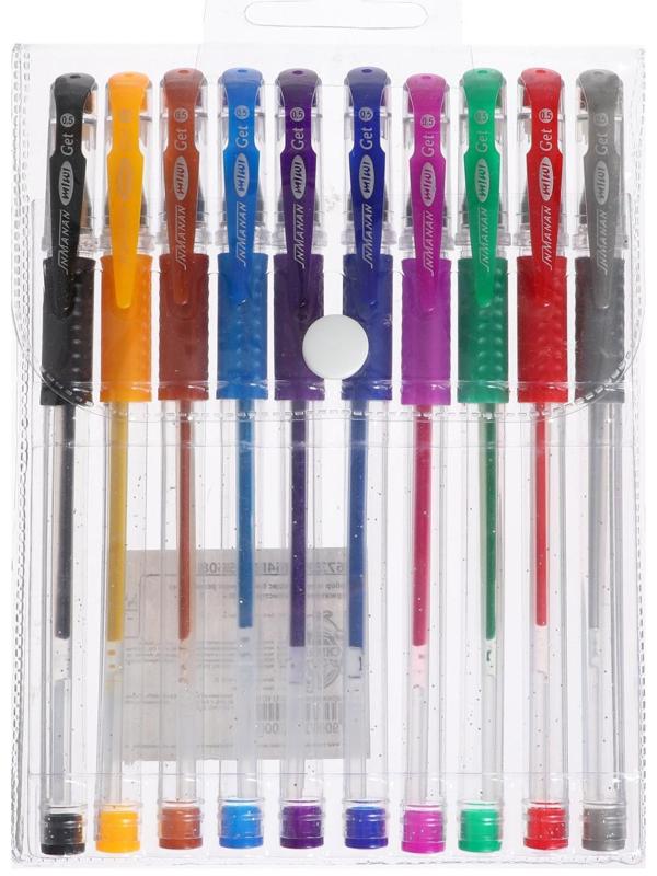 Набор гелевых ручек, 10 цветов, металлик, с блёстками, с резиновым держателем