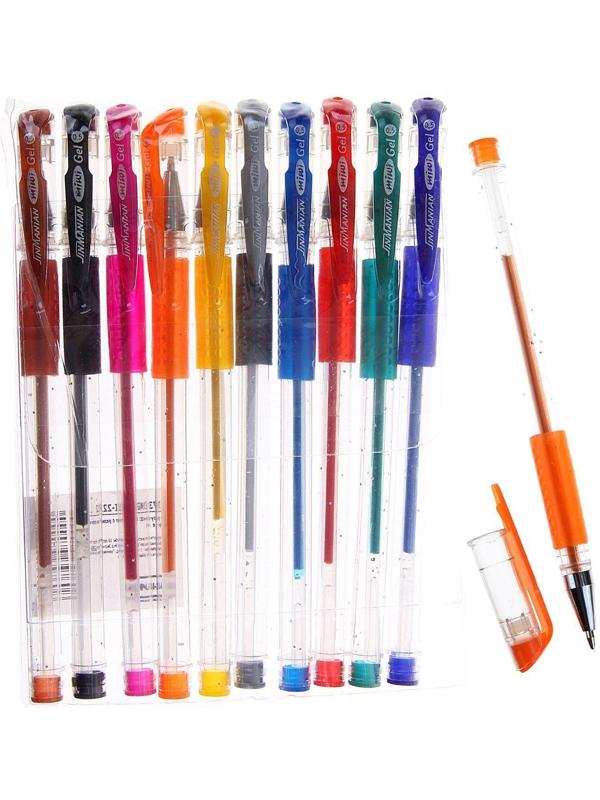 Набор гелевых ручек, 10 цветов, металлик, с блёстками, с резиновым держателем