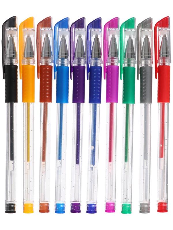 Набор гелевых ручек, 10 цветов, металлик, с блёстками, с резиновым держателем