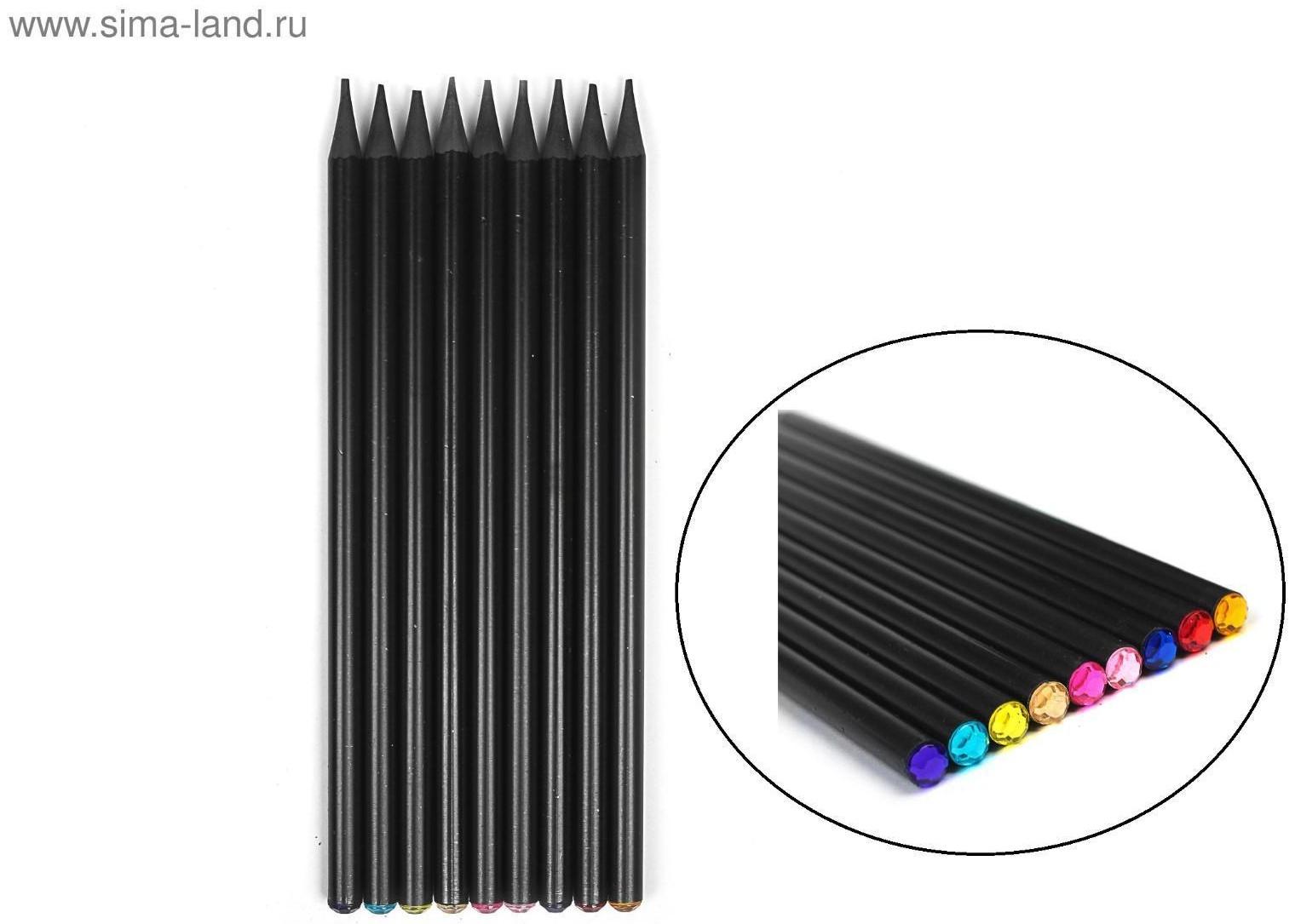Карандаш чернографитный твёрдость НВ, корпус чёрный, заточенный, со стразой из акрила, МИКС