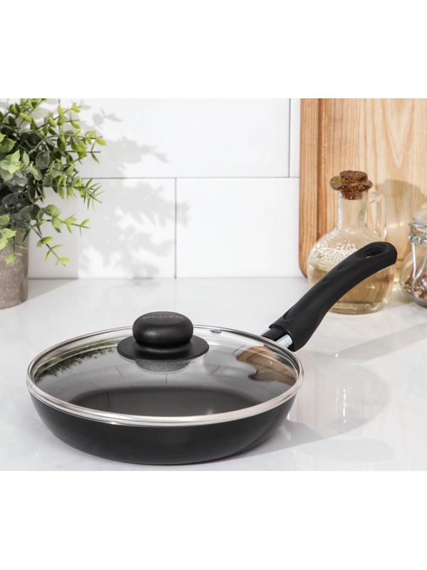 Сковорода Consul, d=20 см, стеклянная крышка, пластиковая ручка, антипригарное покрытие, цвет чёрный