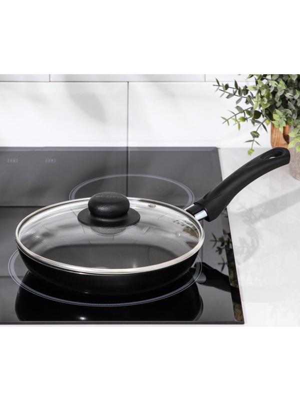 Сковорода Consul, d=20 см, стеклянная крышка, пластиковая ручка, антипригарное покрытие, цвет чёрный