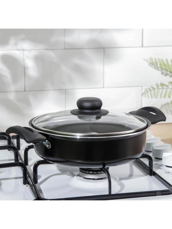 Жаровня-сковорода Consul, 1,5 л, d=20 см, стеклянная крышка, пластмассовые ручки, антипригарное покрытие, цвет чёрный