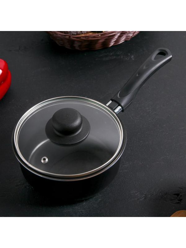 Ковш Consul, 1,2 л, стеклянная крышка, пластиковая ручка, антипригарное покрытие, цвет чёрный