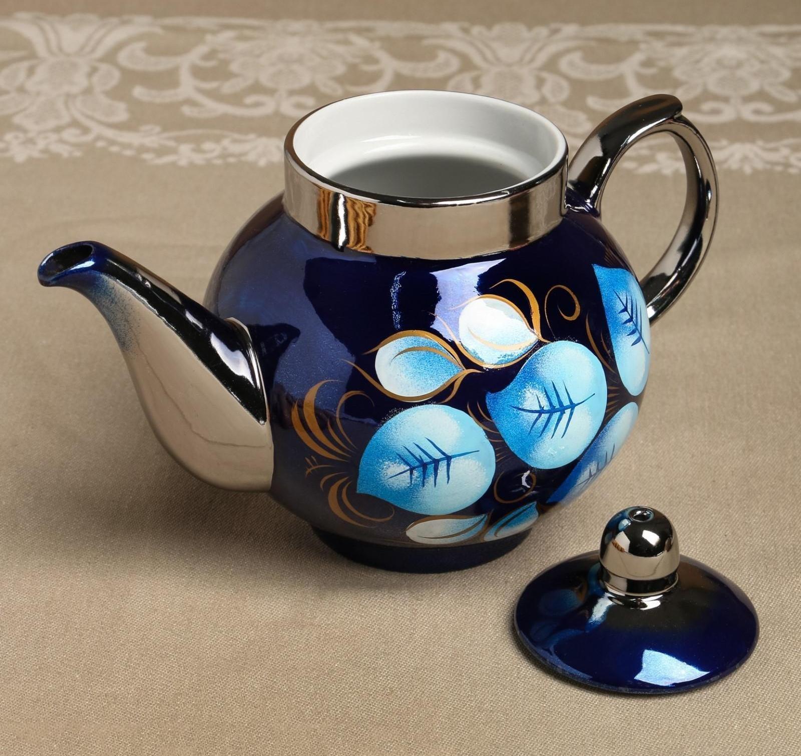 Набор «Жостово на синем», рюмка, 3 предмета, самовар 3 л, заварочный чайник 0,7 л, поднос