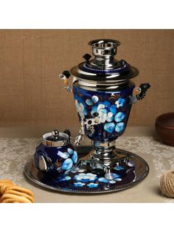 Набор «Жостово на синем», рюмка, 3 предмета, самовар 3 л, заварочный чайник 0,7 л, поднос