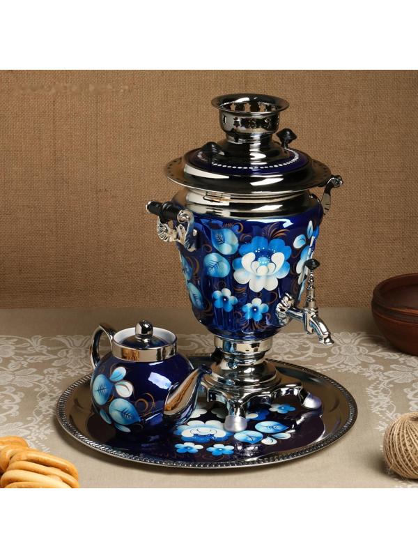 Набор «Жостово на синем», рюмка, 3 предмета, самовар 3 л, заварочный чайник 0,7 л, поднос