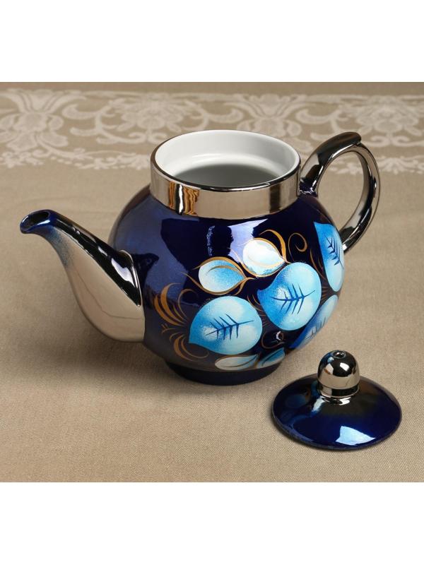 Набор «Жостово на синем», рюмка, 3 предмета, самовар 3 л, заварочный чайник 0,7 л, поднос