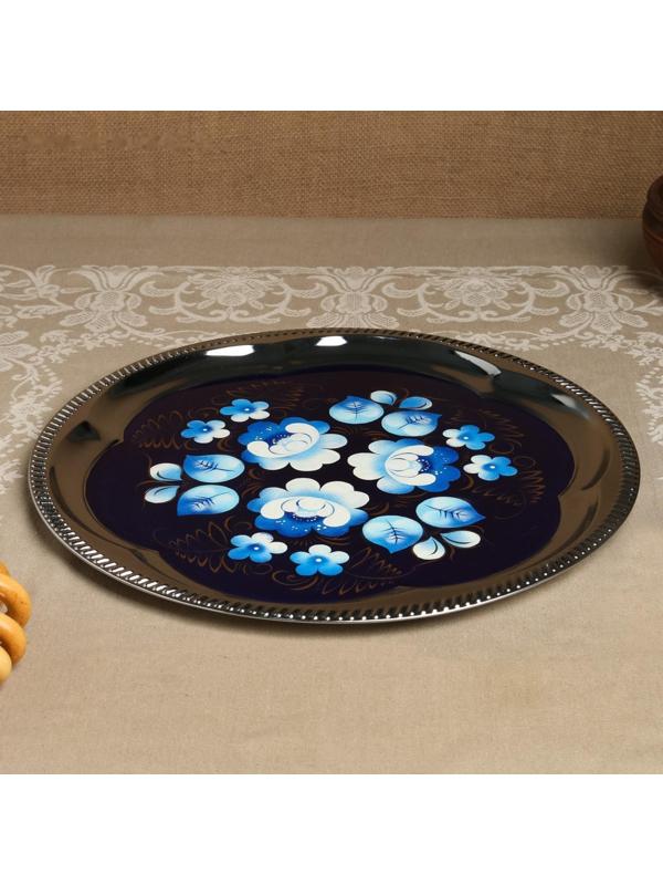 Набор «Жостово на синем», рюмка, 3 предмета, самовар 3 л, заварочный чайник 0,7 л, поднос