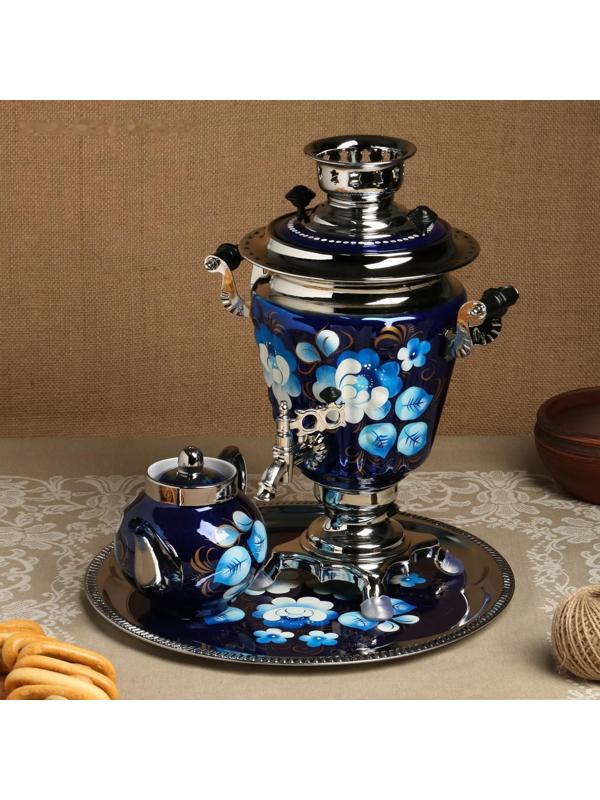 Набор «Жостово на синем», рюмка, 3 предмета, самовар 3 л, заварочный чайник 0,7 л, поднос