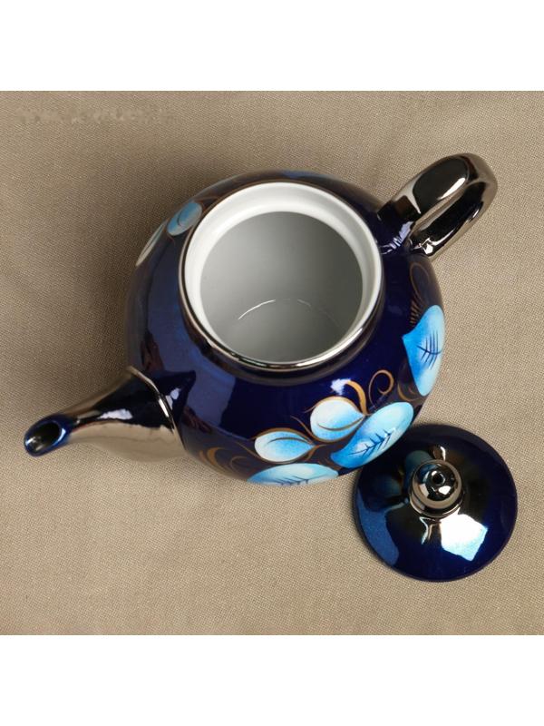 Набор «Жостово на синем», рюмка, 3 предмета, самовар 3 л, заварочный чайник 0,7 л, поднос