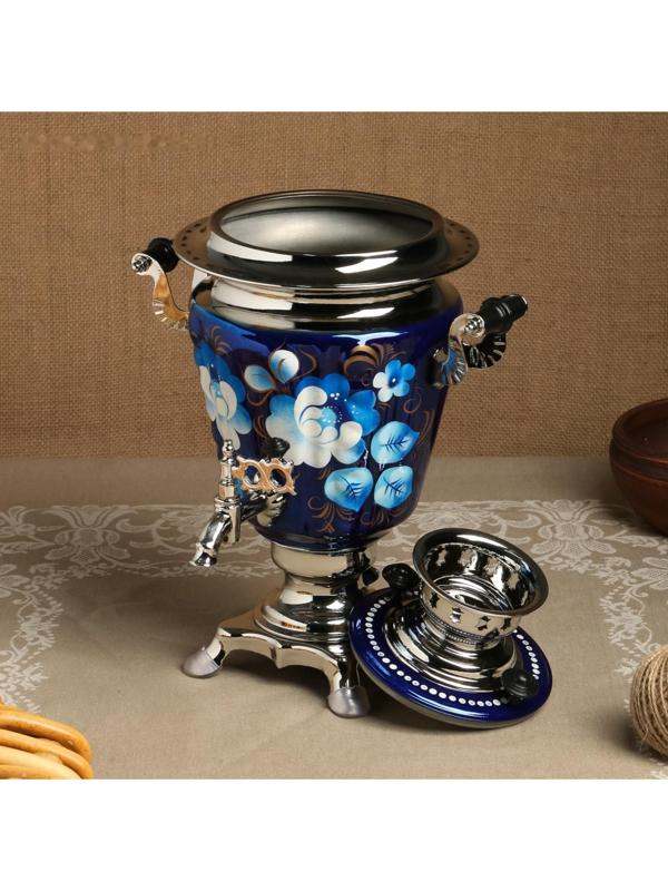 Набор «Жостово на синем», рюмка, 3 предмета, самовар 3 л, заварочный чайник 0,7 л, поднос