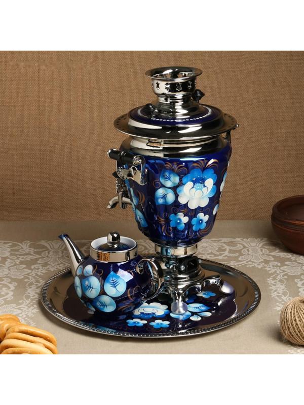 Набор «Жостово на синем», рюмка, 3 предмета, самовар 3 л, заварочный чайник 0,7 л, поднос