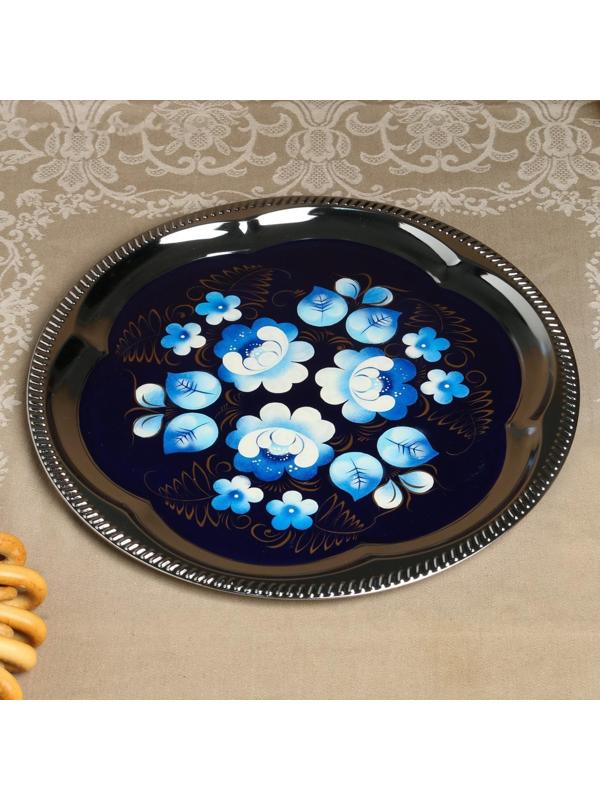 Набор «Жостово на синем», рюмка, 3 предмета, самовар 3 л, заварочный чайник 0,7 л, поднос