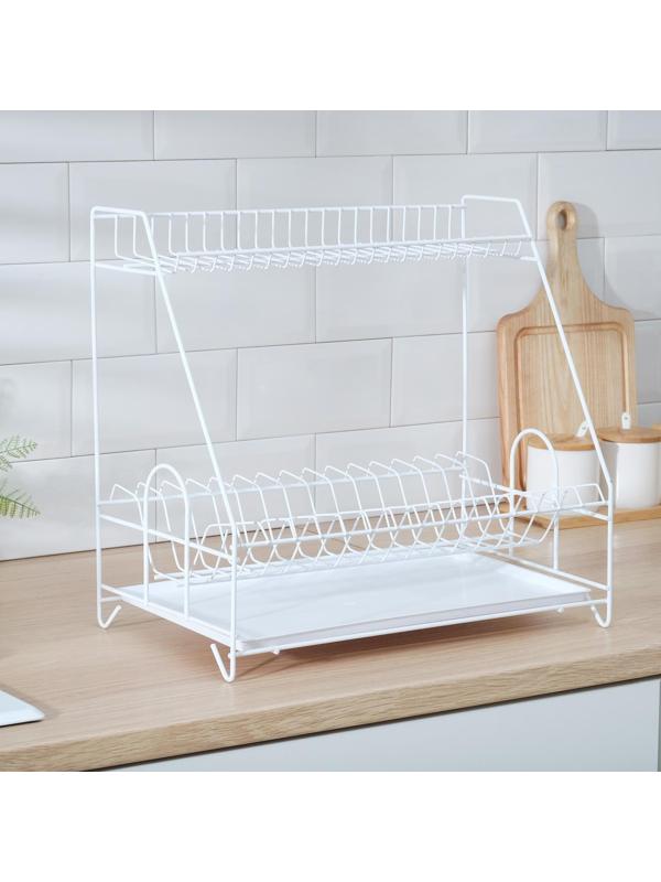 Сушилка для посуды с поддоном 2-х ярусная, 24×40×38 см, цвет белый