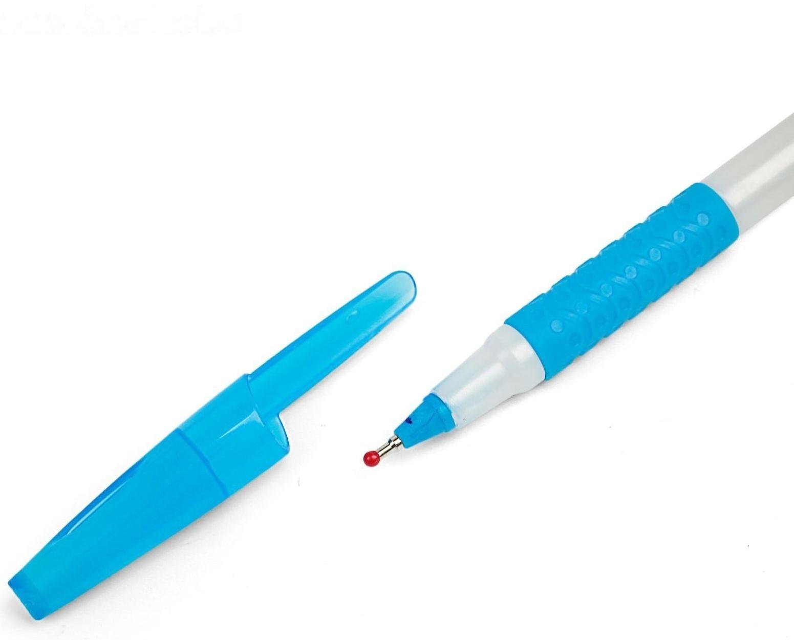 Ручка шариковая 0.7 мм, стержень синий, корпус белый с резиновым держателем и колпачком, МИКС