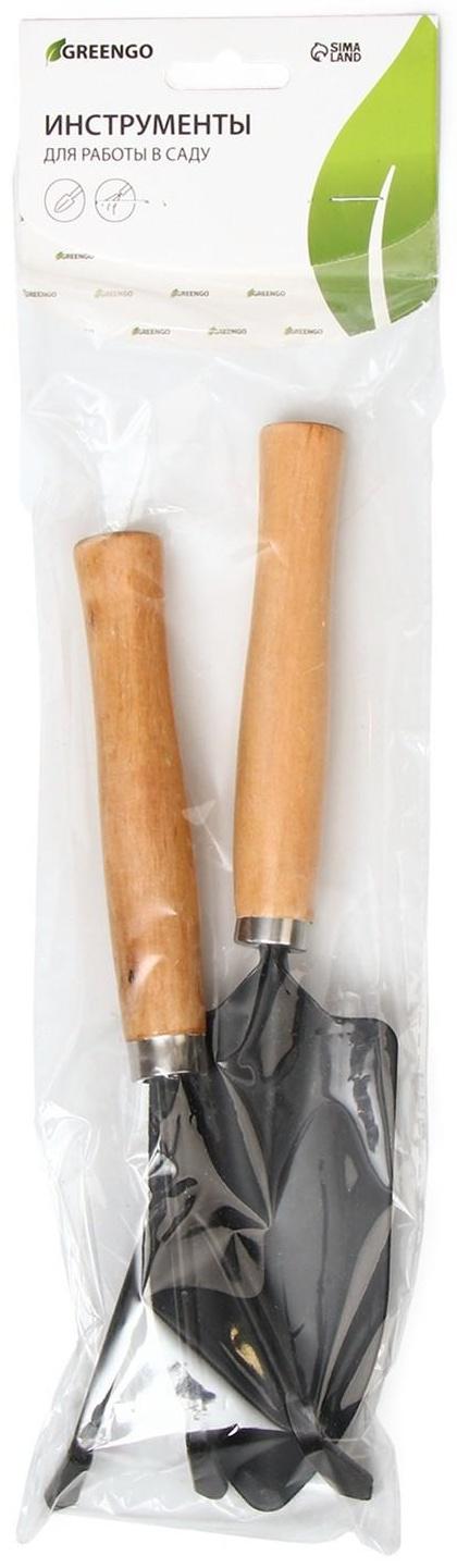 Набор садового инструмента, 2 предмета: рыхлитель, совок, длина 26 см, деревянные ручки