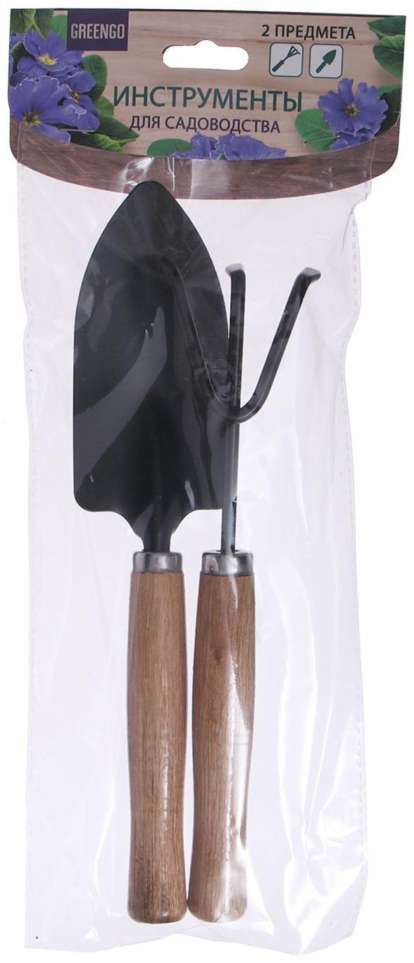 Набор садового инструмента, 2 предмета: рыхлитель, совок, длина 26 см, деревянные ручки