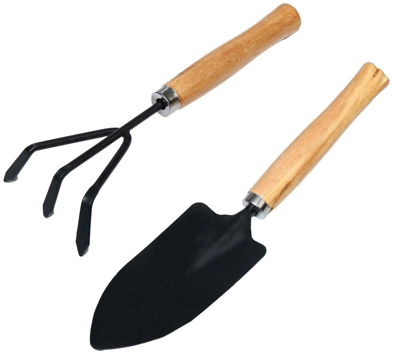 Набор садового инструмента, 2 предмета: рыхлитель, совок, длина 26 см, деревянные ручки