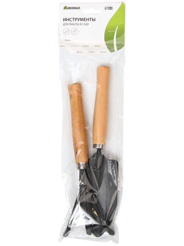Набор садового инструмента, 2 предмета: рыхлитель, совок, длина 26 см, деревянные ручки