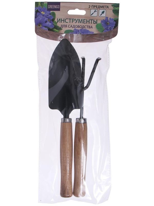 Набор садового инструмента, 2 предмета: рыхлитель, совок, длина 26 см, деревянные ручки