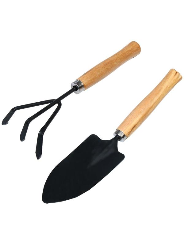 Набор садового инструмента, 2 предмета: рыхлитель, совок, длина 26 см, деревянные ручки