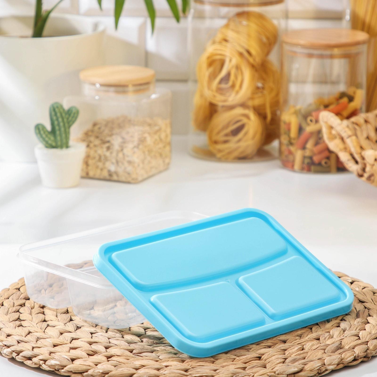 Ланч-бокс пластиковый прямоугольный, 21×14,5×5,5 см, 3 отделения: 200 мл, 200 мл, 400 мл, цвет МИКС