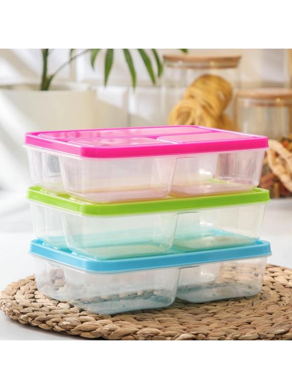 Ланч-бокс пластиковый прямоугольный, 21×14,5×5,5 см, 3 отделения: 200 мл, 200 мл, 400 мл, цвет МИКС