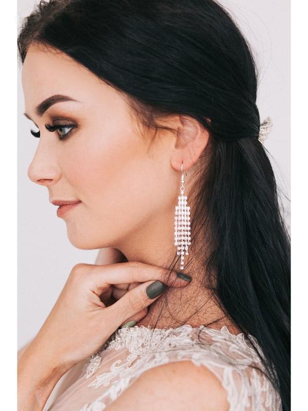 Серьги висячие со стразами Princess водопад, цвет белый в серебре