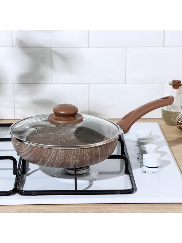 Сковорода глубокая Kantry, d=22 см, стеклянная крышка, пластиковая ручка, антипригарное покрытие, цвет коричневый