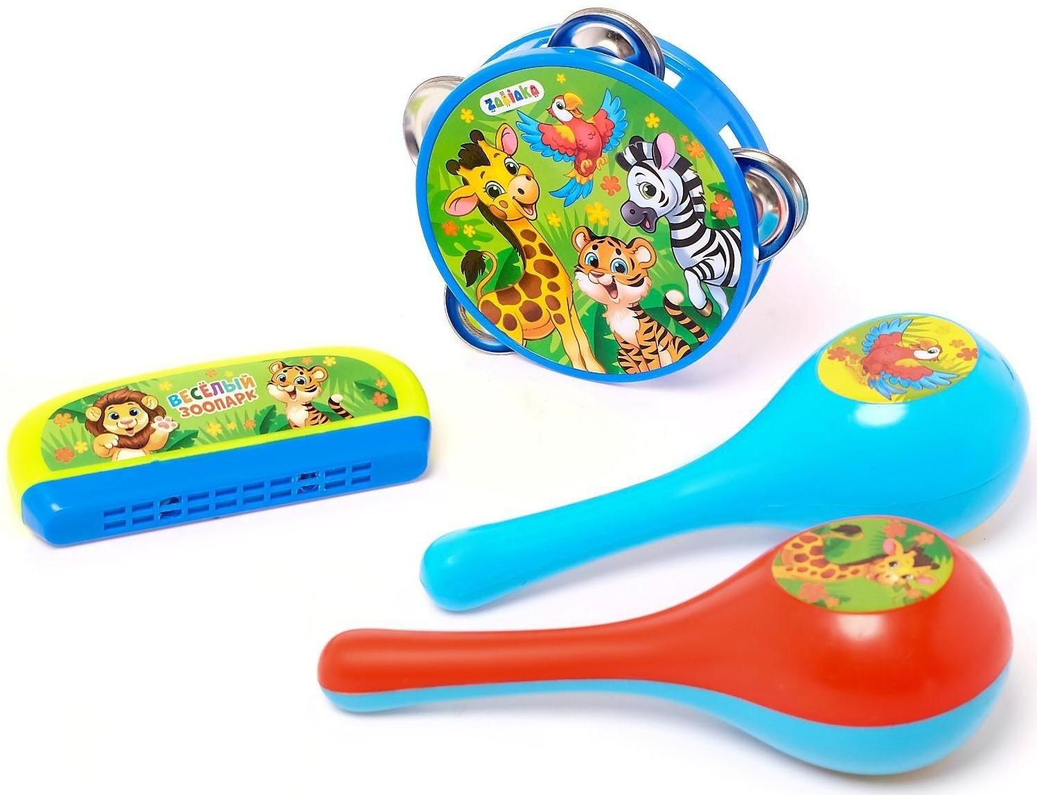 Набор музыкальных инструментов «Весёлый зоопарк»: бубен, 2 маракаса, губная гармошка
