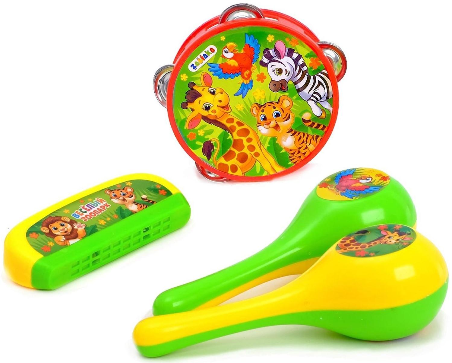 Набор музыкальных инструментов «Весёлый зоопарк»: бубен, 2 маракаса, губная гармошка